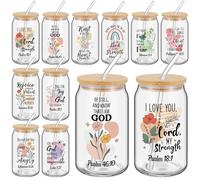 Skylety 10 Pcs Boho Christian Cups for Women 16oz Bible Verse Glass Jar Tumbler with Lid and Straw Inspirational Religious Gifts Catholic Scripture Gifts Set for Women Mother Nurse Wife Coworkers