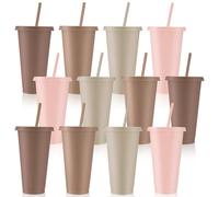 Skylety 12 Pcs Boho Plastic Cups with Lids and Straws 24 oz Reusable Tumbler Large Travel Mug Cup Coffee Beverage Drinks Party Supplies for Christmas Wedding Bridal Baby Shower Birthday