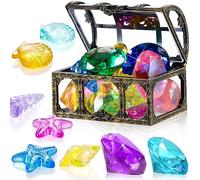 Skylety 12 Pcs Diving Gems Toys for Swimming Pool, 1 Treasure Chest Box and 12 Colorful Acrylic Plastic Gems, Gemstones Box Underwater Toy for Party Favors(Bronze)