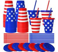 Skylety 16 Pcs American Flag Patriotic Party Plastic Cups with Lids and Straws 16 oz Reusable Plastic Cups Independence Day Coffee Cups Tumbler Water Bottle Smoothie Cups for 4th of July Party favors