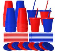 Skylety 16 Pcs Plastic Cups with Lids and Straws 16 oz Plastic Cups Coffee Reusable Tumbler Water Bottle Holiday Christmas Party Supplies Gifts for Drinking Coffee Cocoa(Red,Blue)