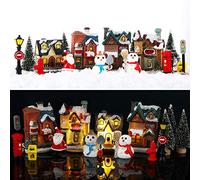 SKYLETY 16 Pieces Christmas Village Houses Set Decorations LED Lights Christmas Town Scene Desktop Ornaments Figurines Accessories Buildings Battery Operated Landscape Decor