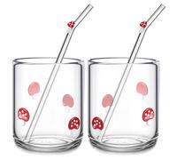 Skylety 2 Set Mushroom Icon Juice Glass Cups - Icon Glass Cup with 2 Straw 14 oz Double Old Fashioned Cute Pattern Glassware for Tea, Water, Milk, Coffee, Parties Gifts