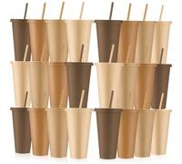 Skylety 24 Pcs Brown Plastic Cups with Lids and Straws 24 oz Neutral Reusable Tumbler Large Travel Mug Cup Coffee Beverage Drinks Party Supplies for Wedding Bridal Baby Shower Birthday