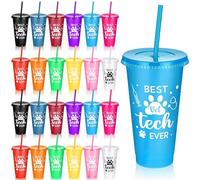 Skylety 24 Pcs Vet Tech Week Veterinary Technician Appreciation Gifts Bulk for Animal Doctor Team Certified Assistant Coworker Nurse 24 oz Colorful Thank You Gift Cups Plastic with Straws Lids