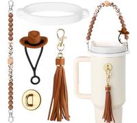 Skylety 5 Pcs Cowboy Hat Silicone Cup Accessory Set Compatible with Stanley Cups Includes Cow Hat Straw Cover Beaded Bottle Strap Leather Tassel Charm Rubber Cup Ring for 8-40 oz Tumbler (Brown)