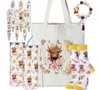 Skylety 5 Pcs Highland Cow Gifts Set for Women 20 oz Tumbler Floral Canvas Bag Pen Socks Silicone Keychain for Mom Sister Cow Lover Gifts (Flowers)