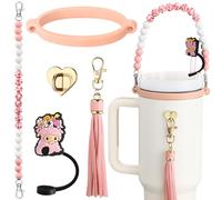 Skylety 5 Pcs Silicone Cup Accessories Set Compatible with Stanley Cup Include Silicone Beaded Bottle Strap Leather Tassel Charm Straw Cover Rubber Cup Ring for 8-40 oz Tumbler (Pink,Cow)