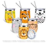 Skylety 6 Pack 12 oz Stainless Steel Wine Tumbler Bulk with Lids Insulated Egg Shell Travel Tumbler Cup Coffee Mug Gift Including 12 Straws 6 Straw Brush for Coffee Cocktail(Safari Jungle Animal)