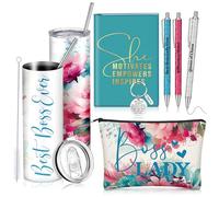 Skylety 7 Pcs Christmas Boss Lady Gifts Set for Women, Best Boss Ever Gift Idea 20 oz Stainless Steel Tumbler Makeup Bag Notebook Keychain Ballpoint Pens, Thank You Gifts for Female Leaders(Lake Blue)