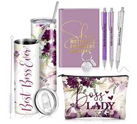 Skylety 7 Pcs Christmas Boss Lady Gifts Set for Women, Best Boss Ever Gift Idea 20 oz Stainless Steel Tumbler Makeup Bag Notebook Keychain Ballpoint Pens, Thank You Gifts for Female Leaders(Purple)