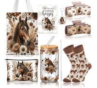Skylety 8 Pcs Boho Horse Lover Gifts for Women Include 16 oz Glass Cup with Lid and Straw, Canvas Tote Bag Keychain Hair Claw Clips Socks Card Girl Toiletry Bag for Christmas Horse Lover