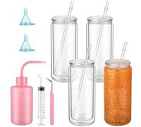 Skylety 9 Pcs Snow Globe Tumbler Supplies for Glitter Snow Globe Kit DIY Glass Cup Gift 16oz Pre Drilled Double Wall Cup with Lid and Straw Squeeze Bottle Funnel Tweezer Bent Syringe(Clear)