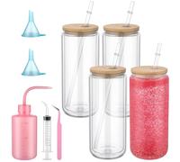 Skylety 9 Pcs Snow Globe Tumbler Supplies for Glitter Snow Globe Kit DIY Glass Cup Gift 16oz Pre Drilled Double Wall Cup with Lid and Straw Squeeze Bottle Funnel Tweezer Bent Syringe(Log Color)