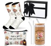 Skylety Just A Girl Who Loves book Gifts Set Includes 16oz Glass Cup with Lid and Straw Cute Sock Makeup Bag Christmas Reading Gifts for women Book Lovers Bookish Bookworm Librarians Readers