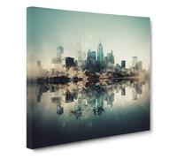 Skyline Double Exposure No.2 Canvas Wall Art Print Ready to Hang, Framed Picture for Living Room Bedroom Home Office Décor, 50x50 cm (20x20 Inch)