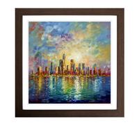Skyline Neo-Impressionism Framed Print | 18x18 Inch Walnut Framed Wall Art | Ready to Hang | Impressionist Cityscape Picture | Living Room Bedroom Lounge Office