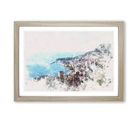Skyline of Monte Carlo in Monaco Watercolour Framed Print | A2 Oak Framed Wall Art | Ready to Hang | Modern Cityscape Picture | Living Room Bedroom Lounge Office