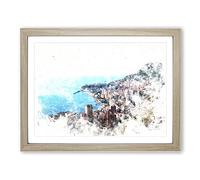 Skyline Of Monte Carlo In Monaco Watercolour Modern Framed Print | A4 Oak Framed Wall Art | Ready to Hang | Modern Cityscape Picture | Living Room Bedroom Lounge Office