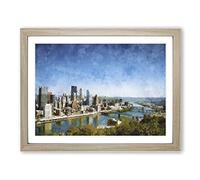 Skyline Of Pittsburgh Pennsylvania Painting Modern Art Framed Print | A2 Oak Framed Wall Art | Ready to Hang | Modern Cityscape Picture | Living Room Bedroom Lounge Office