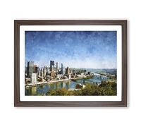 Skyline Of Pittsburgh Pennsylvania Painting Modern Art Framed Print | A4 Walnut Framed Wall Art | Ready to Hang | Modern Cityscape Picture | Living Room Bedroom Lounge Office
