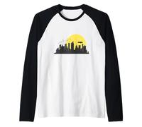 Skyline with Zeppelin and Buildings Raglan Baseball Tee