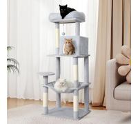 Skylos 145cm Cat Tree for Large Cats, Cat Tower with 51x41cm Extra Large Cozy Hammock, Multi-Level Indoor Cat Climbing Tree with Scratching Posts, Comfortable Condo & Ladder Pet Activity Centre, Grey
