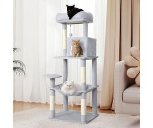 Skylos 145cm Cat Tree for Large Cats, Cat Tower with 51x41cm Extra Large Cozy Hammock, Multi-Level Indoor Cat Climbing Tree with Scratching Posts, Comfortable Condo & Ladder Pet Activity Centre, Grey
