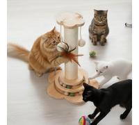 Skylos 3-in-1 Scratching Post - Sisal Scratching Post, Play Platform & Resting Area for Kittens, Includes Interactive Track Balls, Feather Toy & Catnip, Sturdy 3-Layer Wooden Base, (45cm Tall)