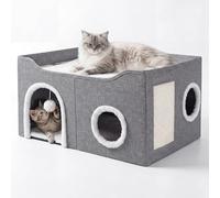Skylos Cat Beds for Large Cats, 2-Tier Cat Bed Cave with Scratching Board, Enclosed Cat Hideaway with Viewing Platform, Foldable Indoor Cat House, Cat Beds for Indoor Pets, Large Cat Cave Bed Grey