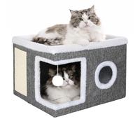 Skylos Cat House for Indoor Cats, 2 Layer Cat Cave Bed with Scratch Board and Hanging Ball, Foldable Cat Hideaway, Cat Bed with Double-Sided Cushion for All Seasons, 41D x 41W x 31H cm, Grey
