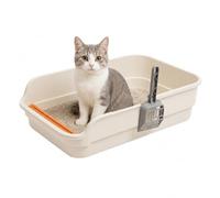 Skylos Cat Litter Tray Spacious High Sided Low Entry Open Pan for Cats Beige