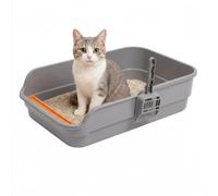 Skylos Cat Litter Tray Spacious High Sided Low Entry Open Pan for Cats Grey