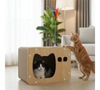 Skylos Cat Scratcher & House - Multi-Angle Scratching & Cozy Resting Space, Corrugated & MDF Boards, Interactive Spring Mouse, 30x39x30cm