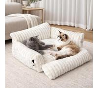 Skylos Extended Cat Sofa Bed, 60×55x32cm Large Cat Beds, Washable Soft Fluffy Puppy Couch for Small Dogs with Head and Neck Support, Cream White