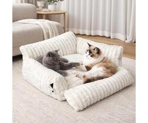 Skylos Extended Cat Sofa Bed, 60×55x32cm Large Cat Beds, Washable Soft Fluffy Puppy Couch for Small Dogs with Head and Neck Support, Cream White