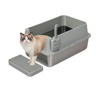 Skylos Open Top Cat Litter Box with Stainless Steel, XL Large High-Sided Tray, Includes Scoop & Tracking Mat, Easy Clean & Odor-Resistant for Multiple Cats, Grey