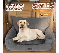 Skylos Pet Car Booster Seat & Bed for Dogs - Removable Cover, Adjustable Safety Belt, Machine Washable, Grey, 80x55x30 cm