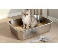 Skylos Stainless Steel Cat Litter Box Series: Skylos Stainless Steel Cat Litter Box High Sided with Scoop Pedal