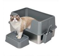 Skylos Stainless Steel Cat Litter Tray, 36L Extra Large High-Sided Tray with Scoop, Odour-Resistant and Anti-Splash for Big Cats, Easy Clean Grey, 60x40x31.5 cm