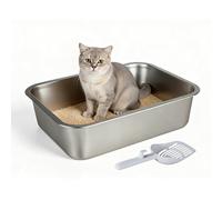 Skylos Stainless Steel Cat Litter Tray for Kittens & Small Cats, Compact High Sided Metal Litter Box, Odor Free Non Stick, Anti Slip Pads & Scoop Included, Easy to Clean, 40x30x10cm