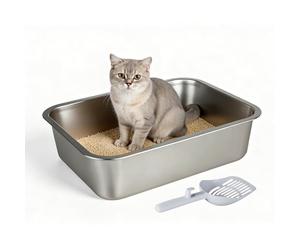 Skylos Stainless Steel Cat Litter Tray for Kittens & Small Cats, Compact High Sided Metal Litter Box, Odor Free Non Stick, Anti Slip Pads & Scoop Included, Easy to Clean, 40x30x10cm