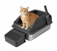 Skylos XXL Stainless Steel Cat Litter Box, 74.4L High-Sided Tray with Step, Metal Anti-Splash Litter Tray for Large & Multi Cat Homes, Includes Scoop & Step, Grey