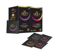 SKYN Elite Condoms Pack of 50 & 5 Senses Pack of 10 / Skynfeel Latex Free for Men, Ultra-Thin & Soft, Raised Dots, Cocktail Flavoured, Warming, Cooling