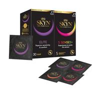 SKYN Elite Condoms Pack of 30 & 5 Senses Pack of 5 / Skynfeel Latex Free Condoms for Men, Ultra-Thin & Soft Condoms, Raised Dots, Cocktail Flavoured, Warming, Cooling