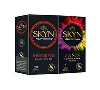 SKYN Intense Feel Condoms Pack of 20 & 5 Senses Pack of 5 / Skynfeel Latex Free Condoms for Men, Regular Size, Raised Dots, Cocktail Flavoured, Ultra-Thin, Warming, Cooling