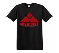 Skynet T-Shirt Red Print Cyberdyne Retro Terminator Classic Cotton Travel Party Top Tee - Black - L