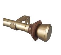 SKYPLUS LIVING Mid-Century Modern Style Single Curtain Rod Set with Round Wood Look Finial,72-144 inch, Standard Single Antique Brass Drapery Rod for 1 Pack, 1 inch diameter, Adjustable Length