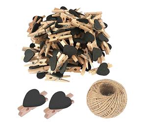SKYPRO 25Pcs Black Mini Wooden Heart Clothespins, Multicolor Small Clothespins with Heart, 3cm Heart Photo Clips, Tiny Clothes Pins with String for Photos Display,DIY Craft,Wedding&Baby Shower Decor