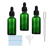 SKYPRO 3 Pack Green Glass Dropper Bottle with 1 Funnels & 1 Dropper & 14pcs/sheet small bottle stickers 100ml Glass Bottles for Essential Oils, Liquids